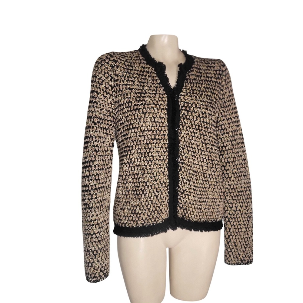 J McLaughlin Textured Knit Cardigan Jacket Black Metallic Fringe Trim M luxury